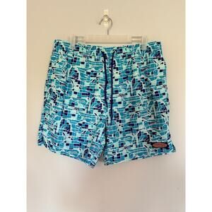 Vineyard Vines Mens Swim Trunks Size Large Blue Fish Geometric Print Mesh Lining